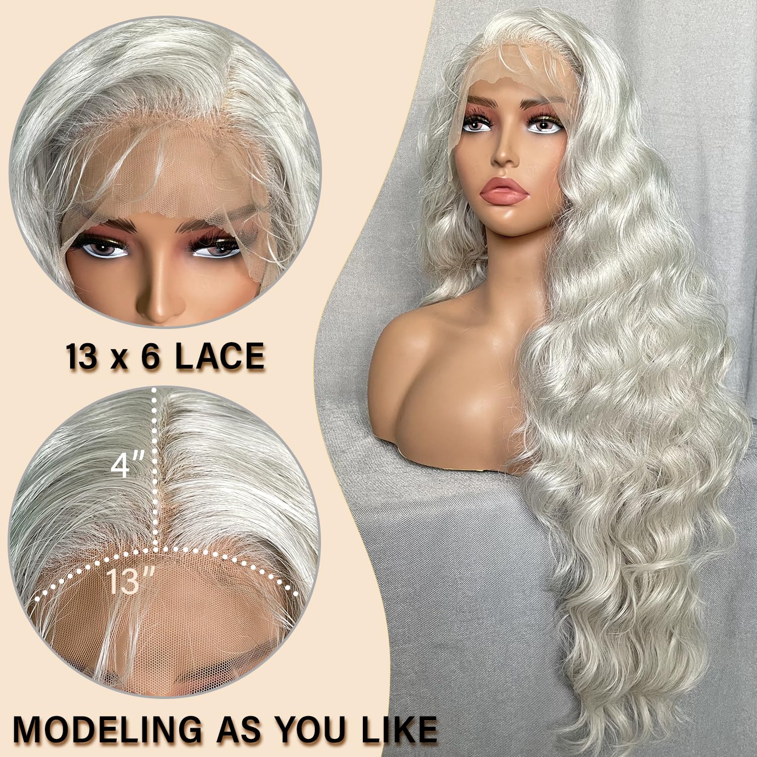SOKU 13x6 Lace Frontal Water Wave Wigs with Baby Hair Natural Black 34 Inch Long Synthetic Hair Pre-plucked Free Part Transparent Swiss Lace Front Wavy Wigs for Women