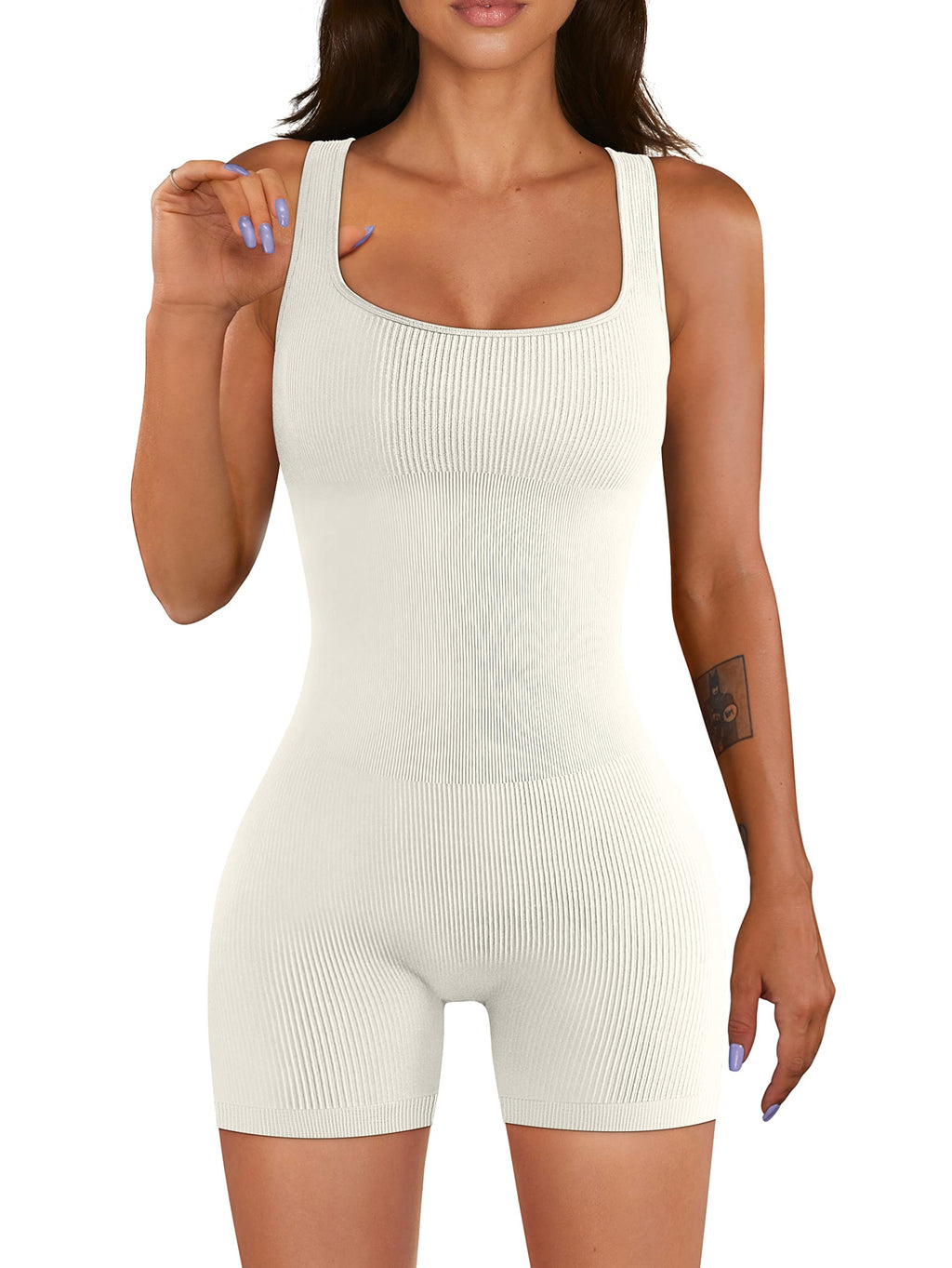 YIOIOIO Women Workout Romper Yoga Ribbed Square Neck One Piece Seamless Tank Top Jumpsuit