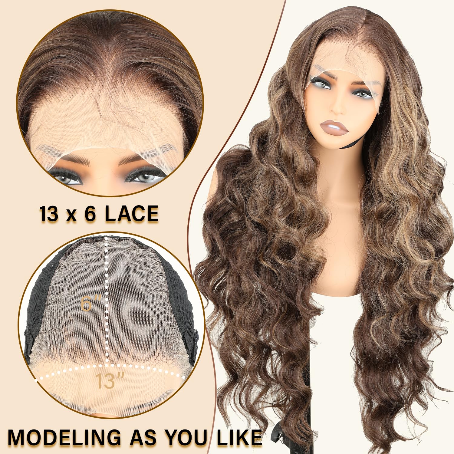 SOKU 13x6 Lace Frontal Water Wave Wigs with Baby Hair Natural Black 34 Inch Long Synthetic Hair Pre-plucked Free Part Transparent Swiss Lace Front Wavy Wigs for Women