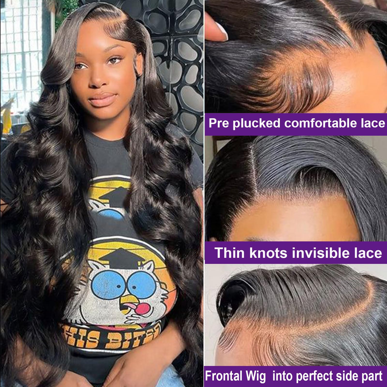 Lemoda Wholesale 13X4 Body Wave Human Hair Lace Front Wigs 16inch Natural Black 200% Density Brazilian HD Lace Wig Natural Hairline Color 1B 100% Human Hair Wig