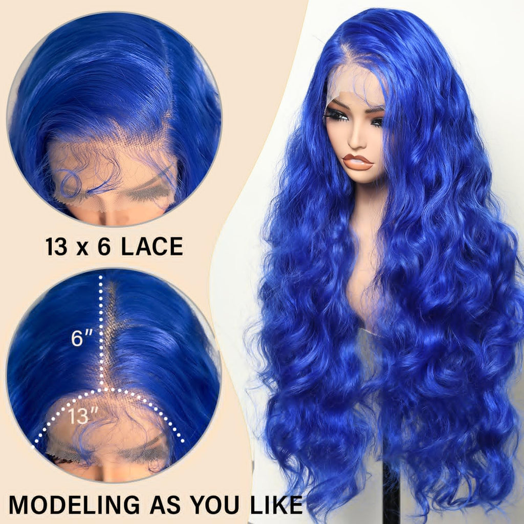 SOKU 13x6 Lace Frontal Water Wave Wigs with Baby Hair Natural Black 34 Inch Long Synthetic Hair Pre-plucked Free Part Transparent Swiss Lace Front Wavy Wigs for Women