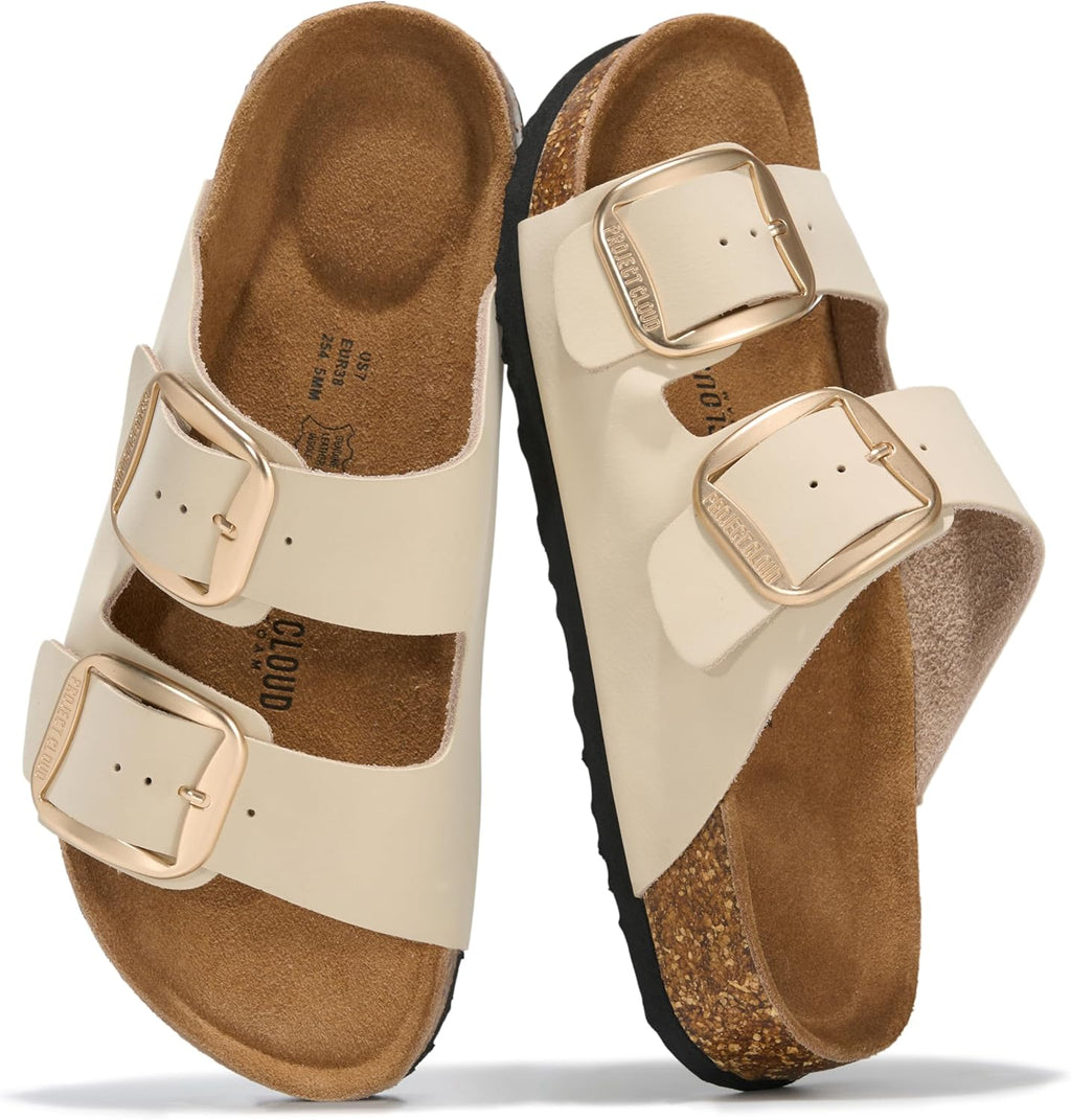 Project Cloud 100% Genuine Leather Flat Sandals for Women 2026 Comfortable Beach Essentials Womens Sandals Memory Foam Vacation Essentials Slides for Women Footwear (Santorini)
