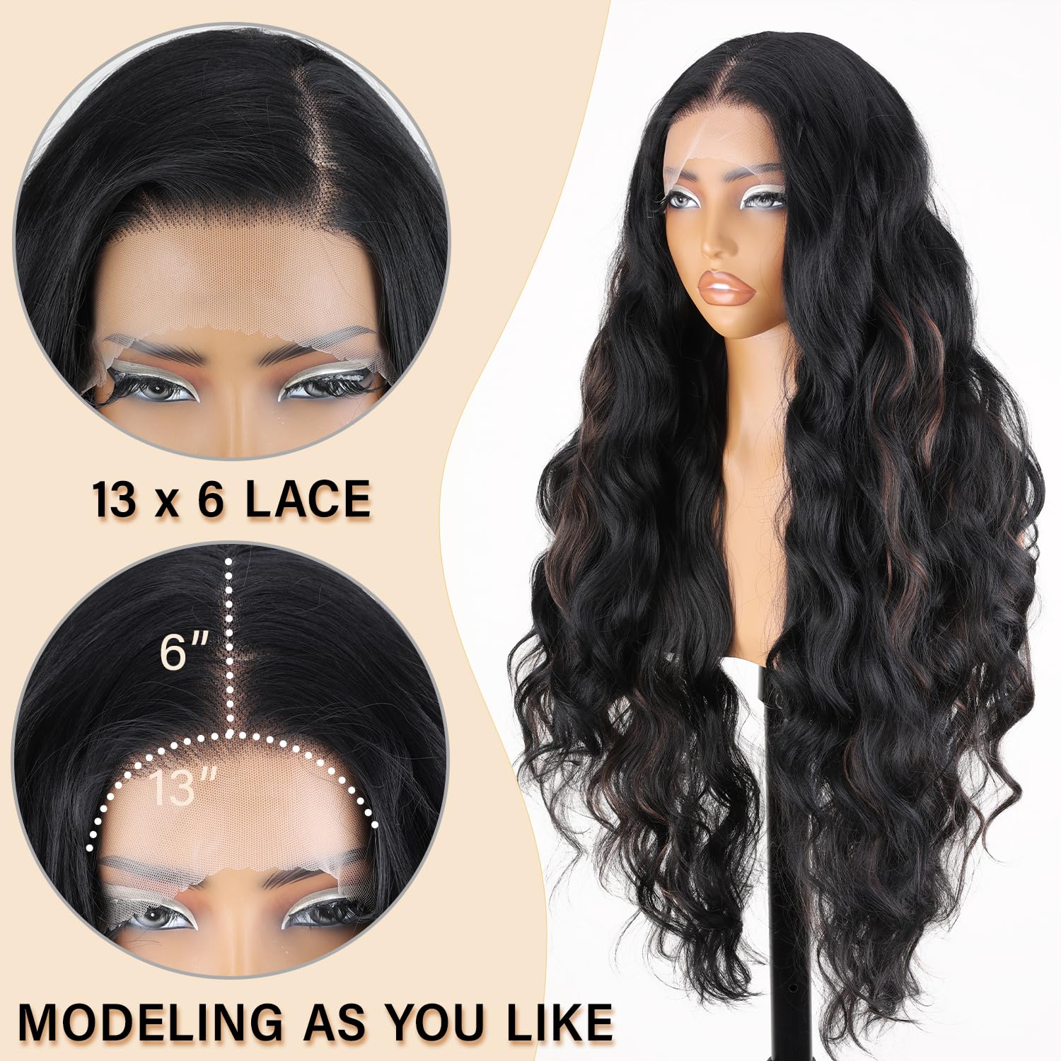 SOKU 13x6 Lace Frontal Water Wave Wigs with Baby Hair Natural Black 34 Inch Long Synthetic Hair Pre-plucked Free Part Transparent Swiss Lace Front Wavy Wigs for Women