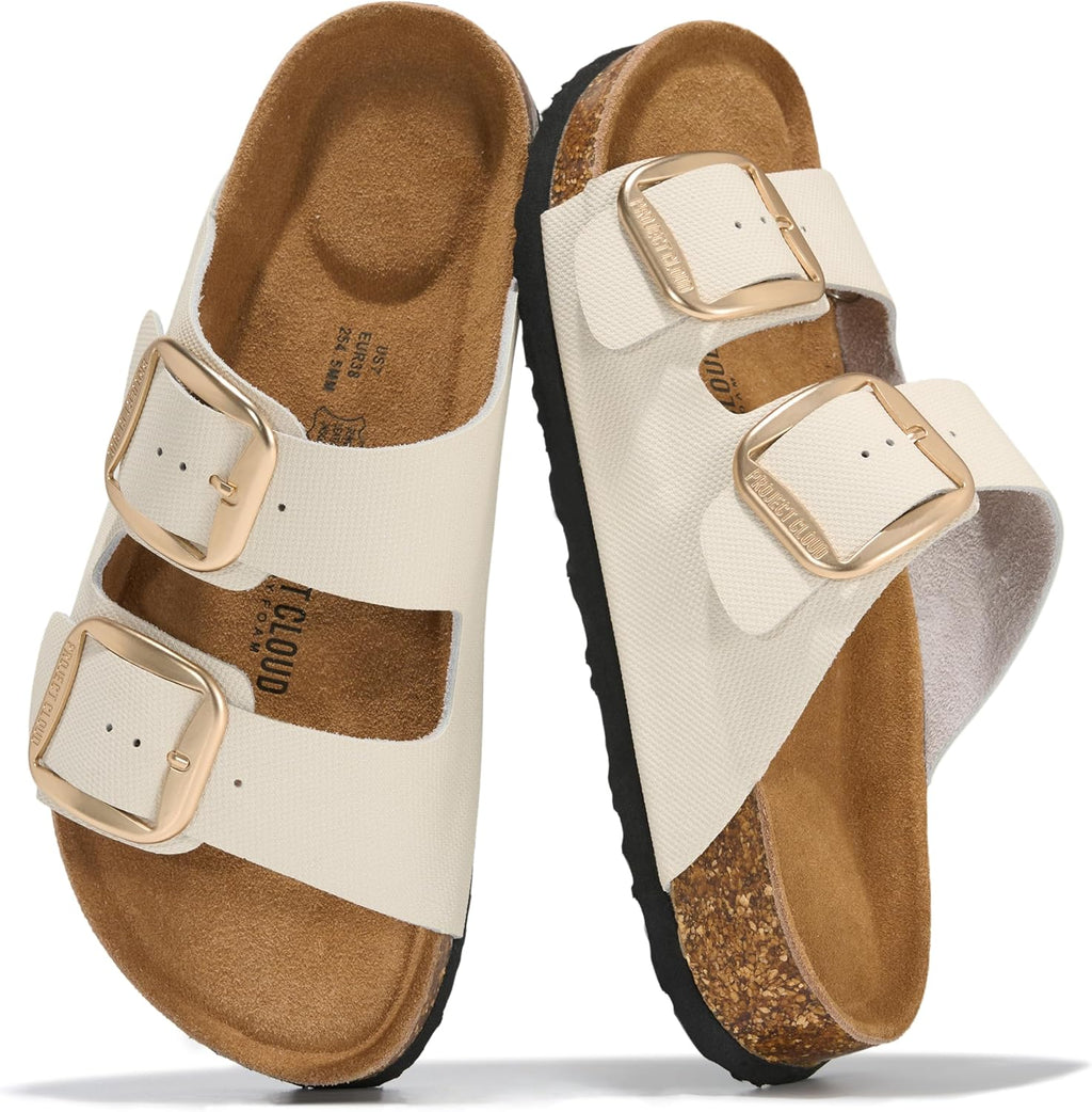Project Cloud 100% Genuine Leather Flat Sandals for Women 2026 Comfortable Beach Essentials Womens Sandals Memory Foam Vacation Essentials Slides for Women Footwear (Santorini)