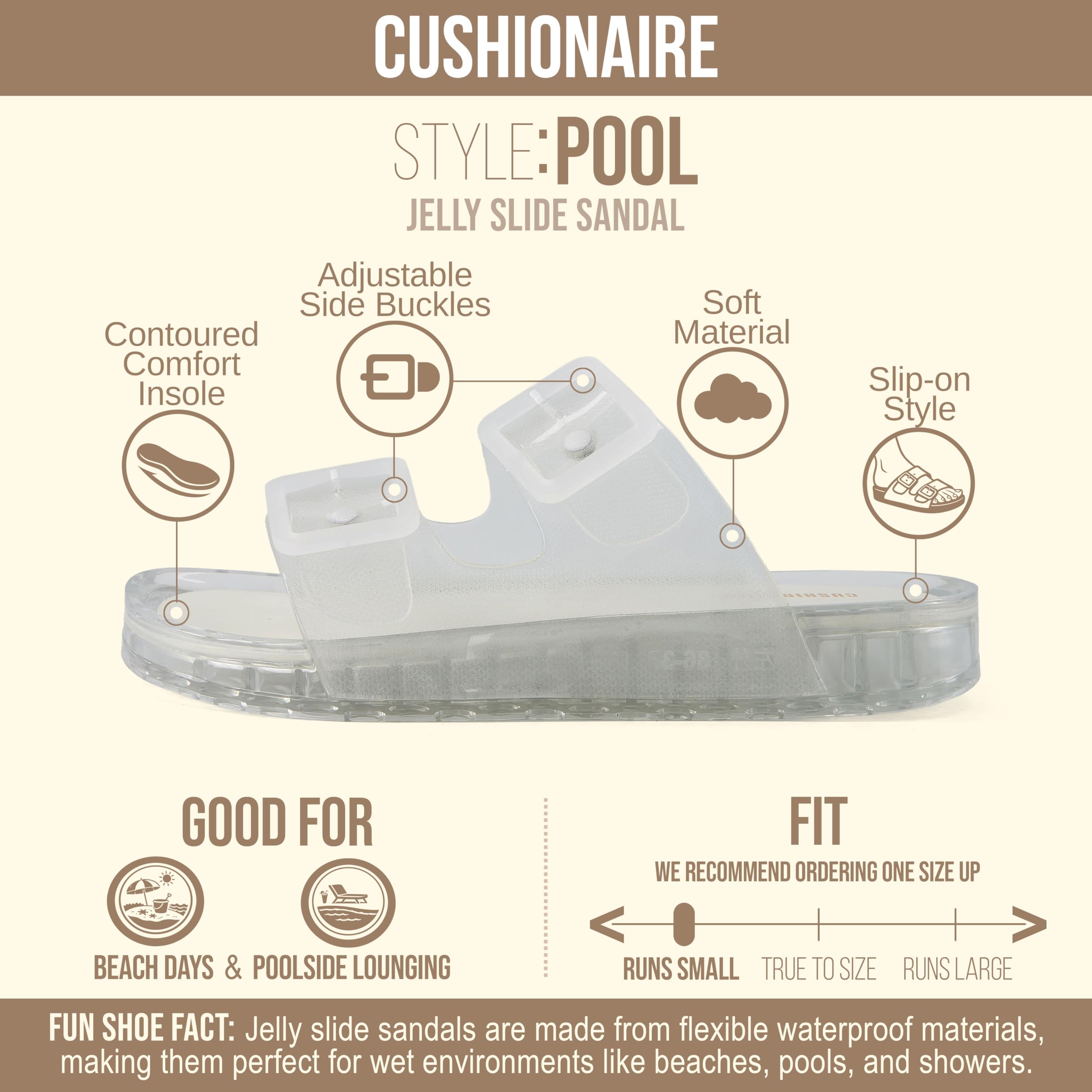 CUSHIONAIRE Pool Slides for Women Waterproof Double Buckle Adjustable Slip-On Womens Sandals for Beach Shower Casual Wear