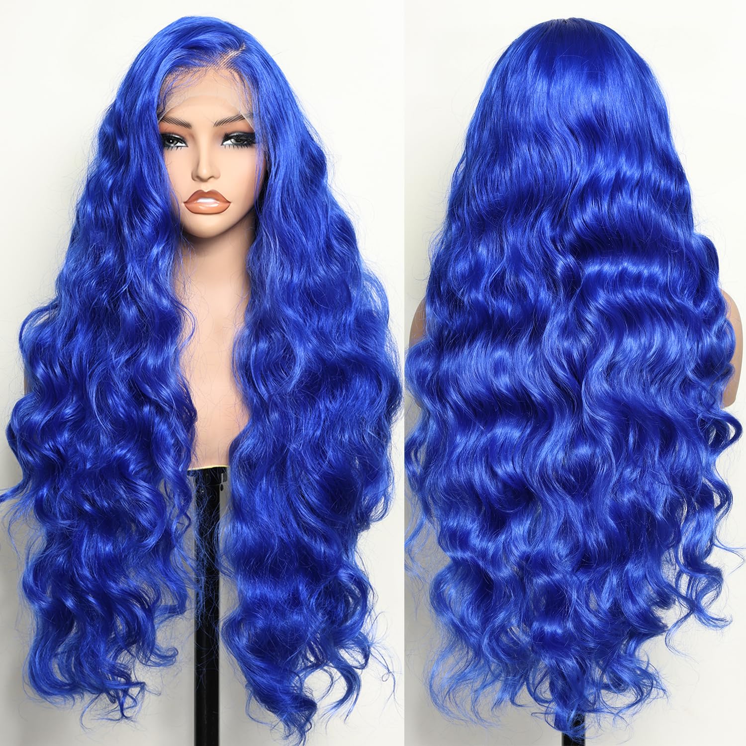 SOKU 13x6 Lace Frontal Water Wave Wigs with Baby Hair Natural Black 34 Inch Long Synthetic Hair Pre-plucked Free Part Transparent Swiss Lace Front Wavy Wigs for Women