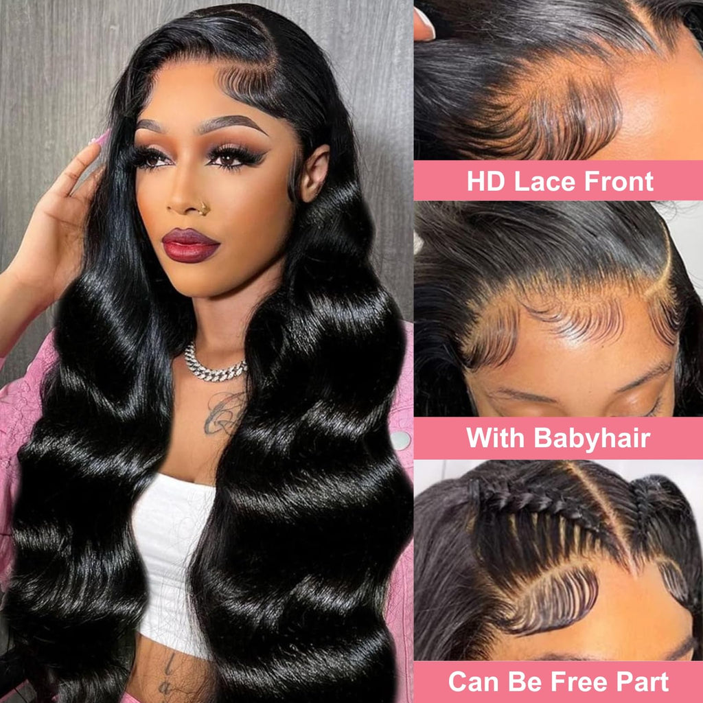 Body Wave Lace Front Wigs Human Hair Pre Plucked HD Lace Frontal Wig for Women Soft Remy 200 Density Brazilian Raw Human Hair Natural Black 24 Inch