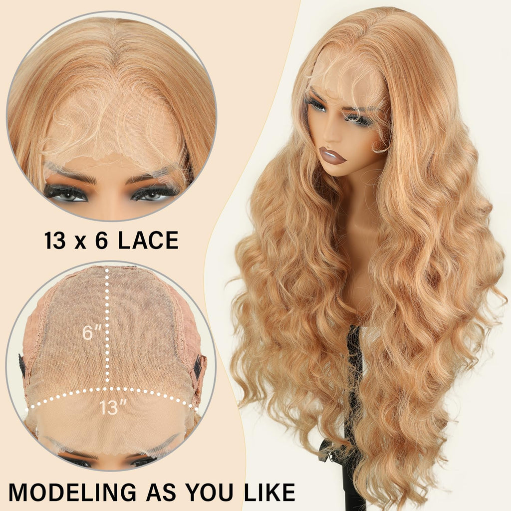 SOKU 13x6 Lace Frontal Water Wave Wigs with Baby Hair Natural Black 34 Inch Long Synthetic Hair Pre-plucked Free Part Transparent Swiss Lace Front Wavy Wigs for Women