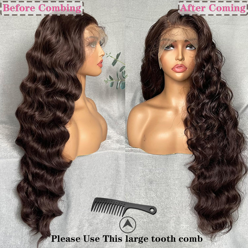 SOKU 13x6 Lace Frontal Water Wave Wigs with Baby Hair Natural Black 34 Inch Long Synthetic Hair Pre-plucked Free Part Transparent Swiss Lace Front Wavy Wigs for Women