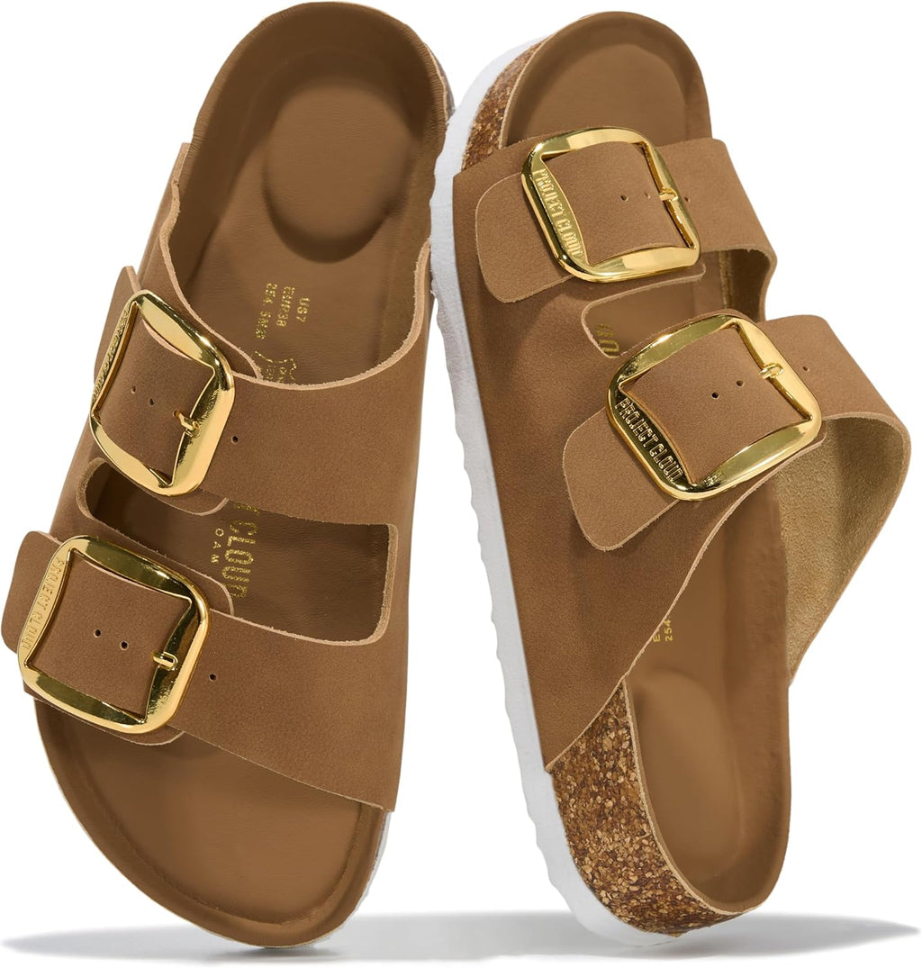 Project Cloud 100% Genuine Leather Flat Sandals for Women 2026 Comfortable Beach Essentials Womens Sandals Memory Foam Vacation Essentials Slides for Women Footwear (Santorini)
