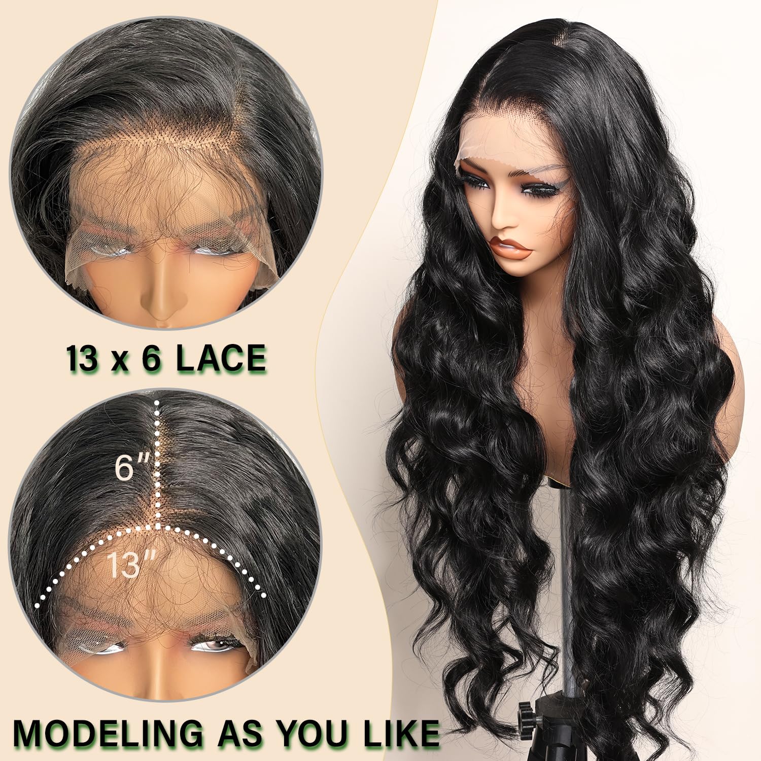 SOKU 13x6 Lace Frontal Water Wave Wigs with Baby Hair Natural Black 34 Inch Long Synthetic Hair Pre-plucked Free Part Transparent Swiss Lace Front Wavy Wigs for Women