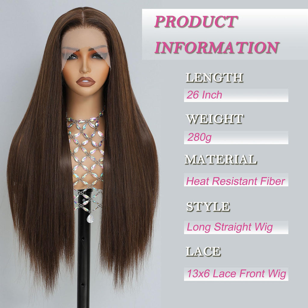 Synthetic Lace Front Wig, Honey Blonde Wig 13x6 Hd Lace Pre-Plucked Long Straight Highlights Glueless Wigs for Black Women 26 Inch Suitable for Everyday Wear