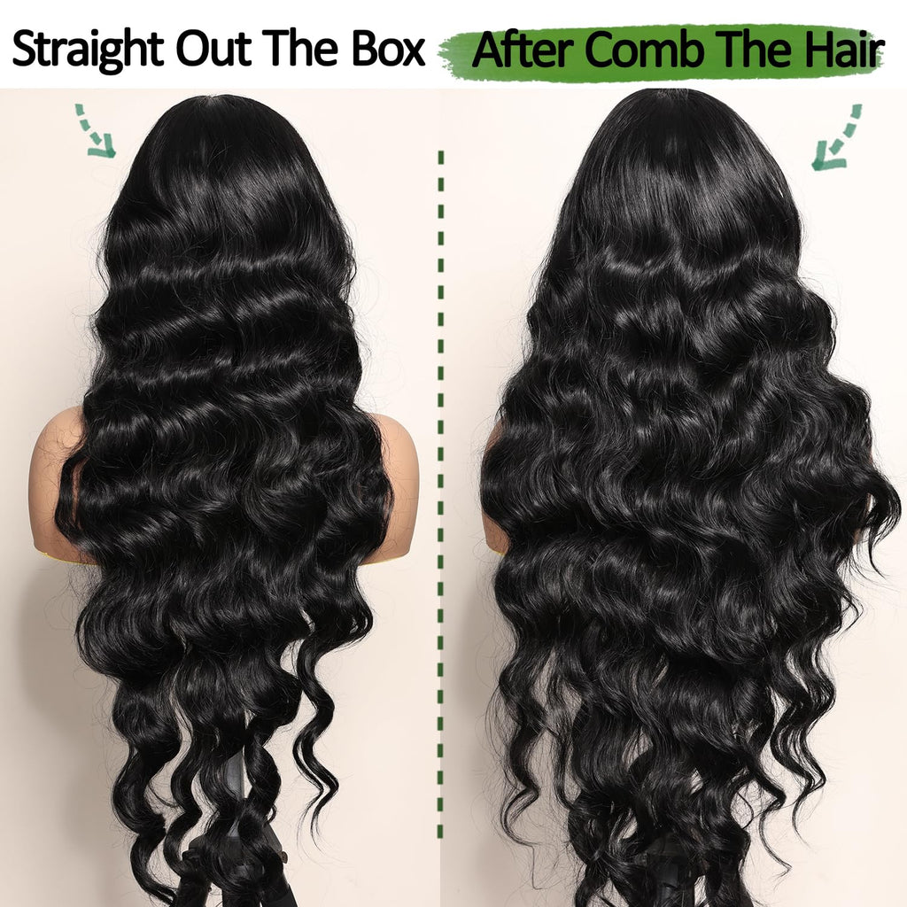 SOKU 13x6 Lace Frontal Water Wave Wigs with Baby Hair Natural Black 34 Inch Long Synthetic Hair Pre-plucked Free Part Transparent Swiss Lace Front Wavy Wigs for Women