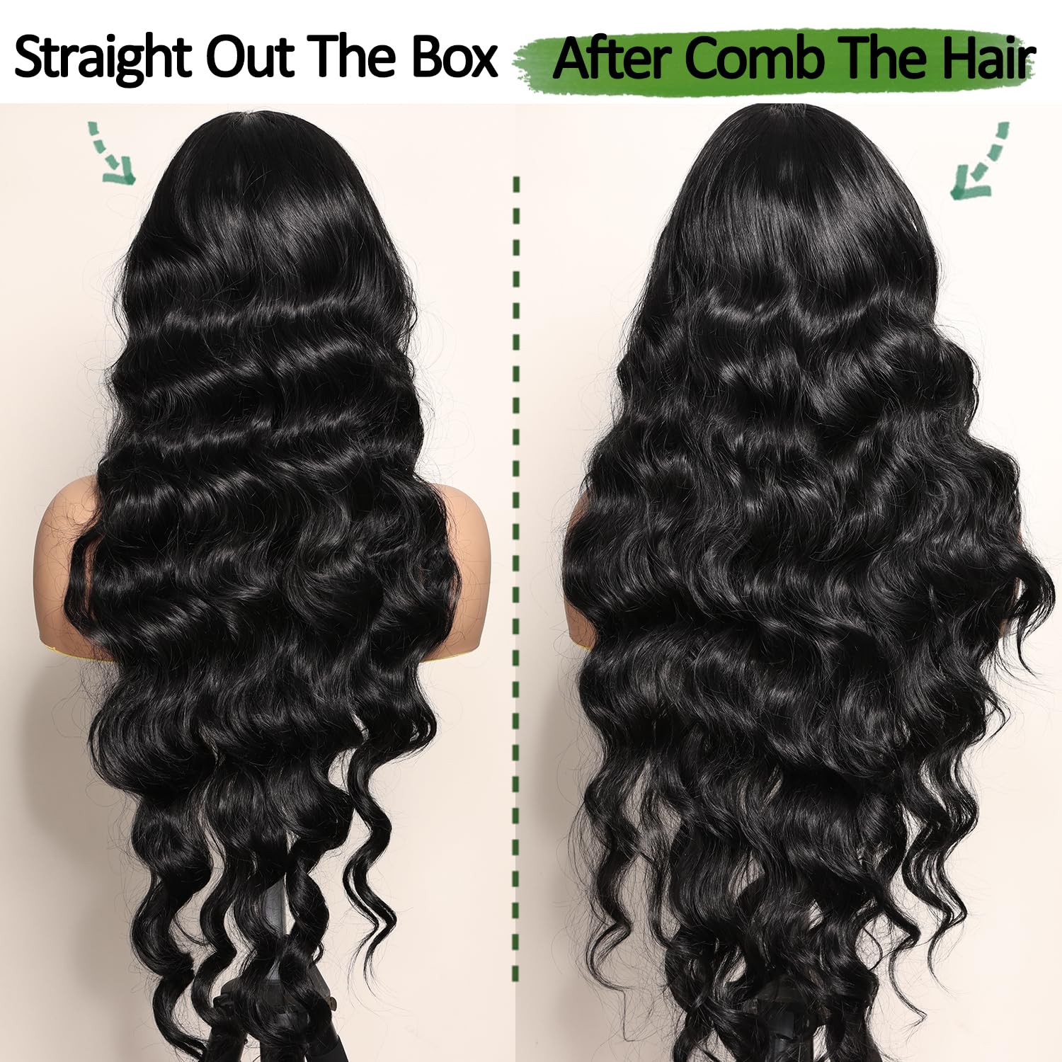 SOKU 13x6 Lace Frontal Water Wave Wigs with Baby Hair Natural Black 34 Inch Long Synthetic Hair Pre-plucked Free Part Transparent Swiss Lace Front Wavy Wigs for Women