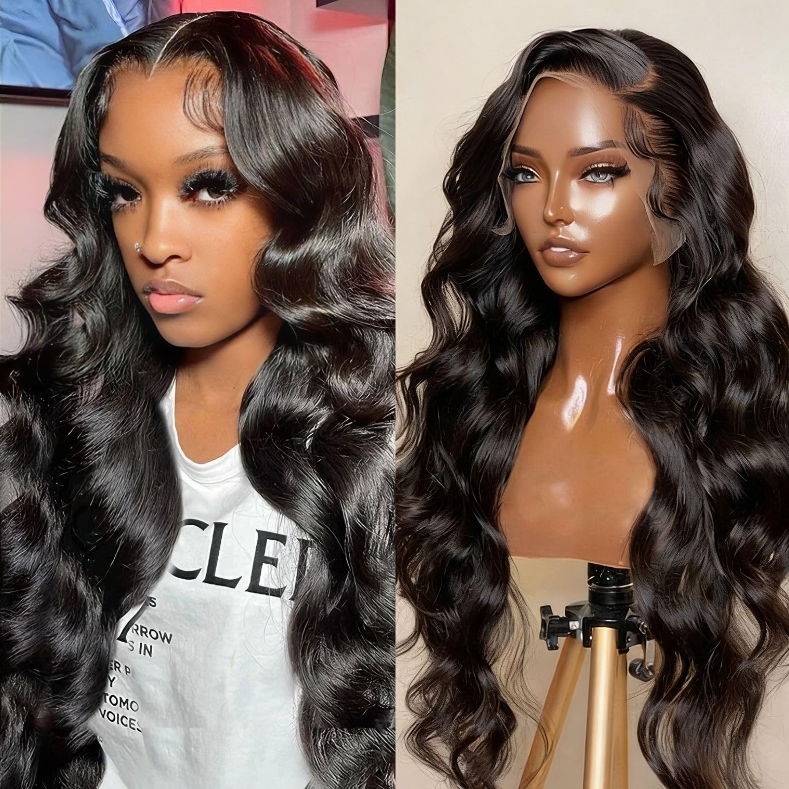 Body Wave Lace Front Wigs Human Hair Pre Plucked HD Lace Frontal Wig for Women Soft Remy 200 Density Brazilian Raw Human Hair Natural Black 24 Inch