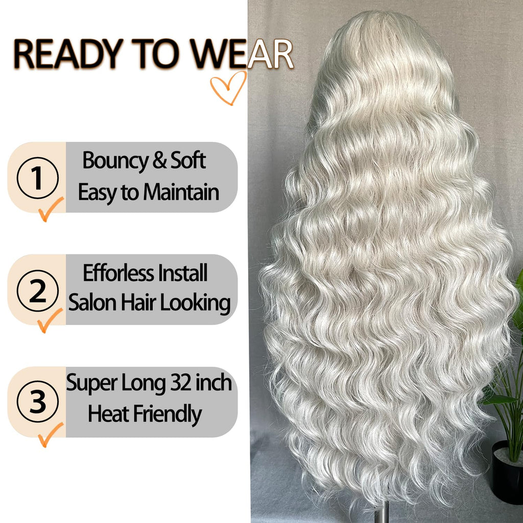 SOKU 13x6 Lace Frontal Water Wave Wigs with Baby Hair Natural Black 34 Inch Long Synthetic Hair Pre-plucked Free Part Transparent Swiss Lace Front Wavy Wigs for Women