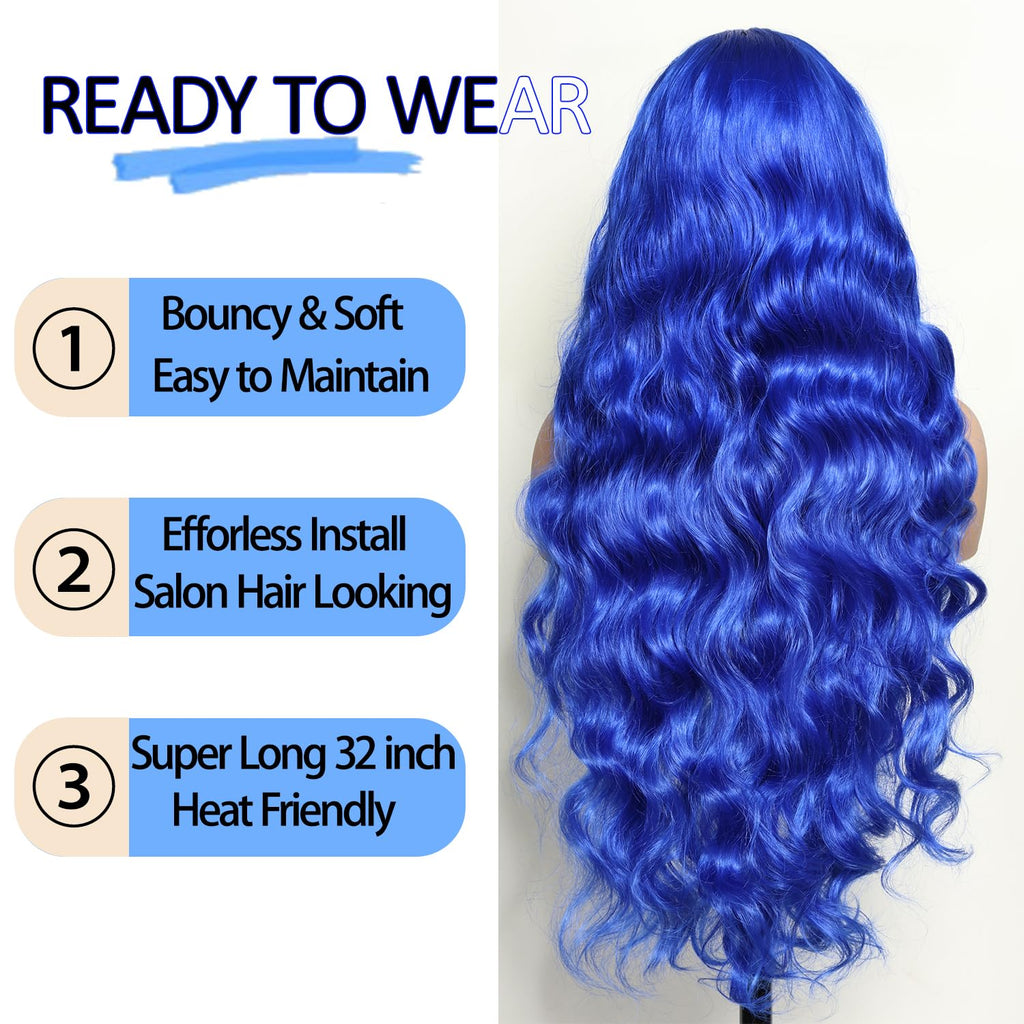 SOKU 13x6 Lace Frontal Water Wave Wigs with Baby Hair Natural Black 34 Inch Long Synthetic Hair Pre-plucked Free Part Transparent Swiss Lace Front Wavy Wigs for Women