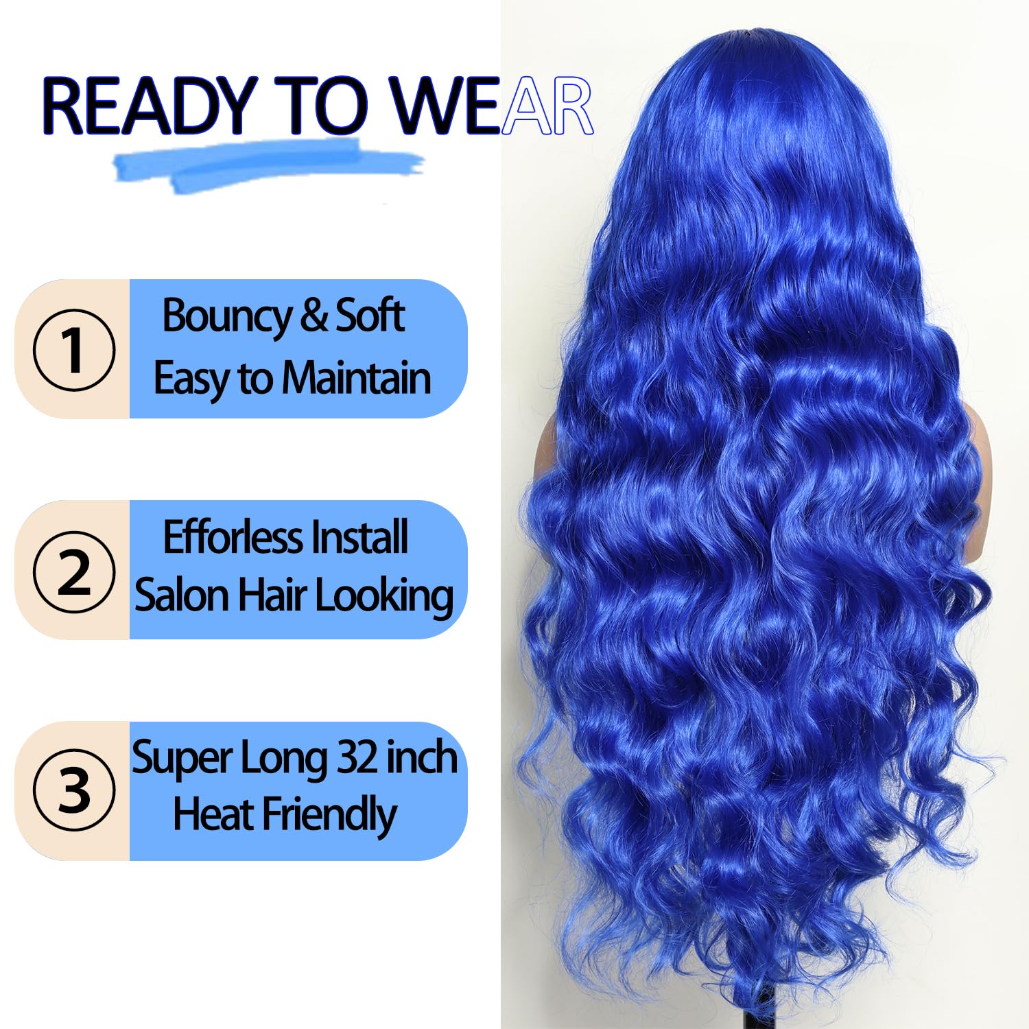 SOKU 13x6 Lace Frontal Water Wave Wigs with Baby Hair Natural Black 34 Inch Long Synthetic Hair Pre-plucked Free Part Transparent Swiss Lace Front Wavy Wigs for Women