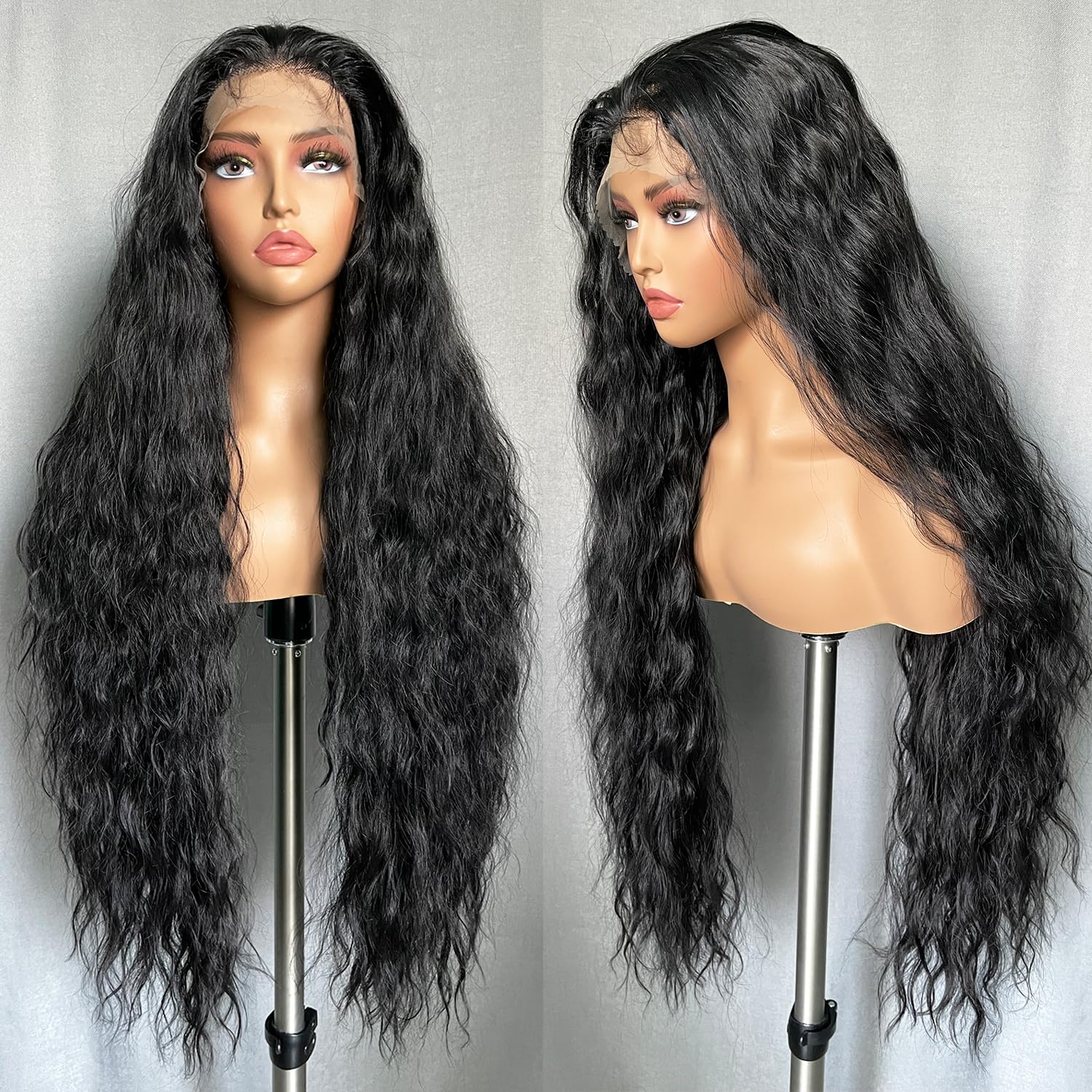 SOKU 13x6 Lace Frontal Water Wave Wigs with Baby Hair Natural Black 34 Inch Long Synthetic Hair Pre-plucked Free Part Transparent Swiss Lace Front Wavy Wigs for Women