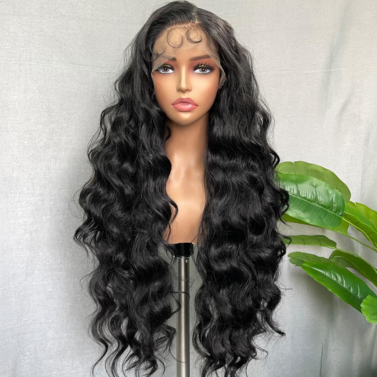 SOKU 13x6 Lace Frontal Water Wave Wigs with Baby Hair Natural Black 34 Inch Long Synthetic Hair Pre-plucked Free Part Transparent Swiss Lace Front Wavy Wigs for Women