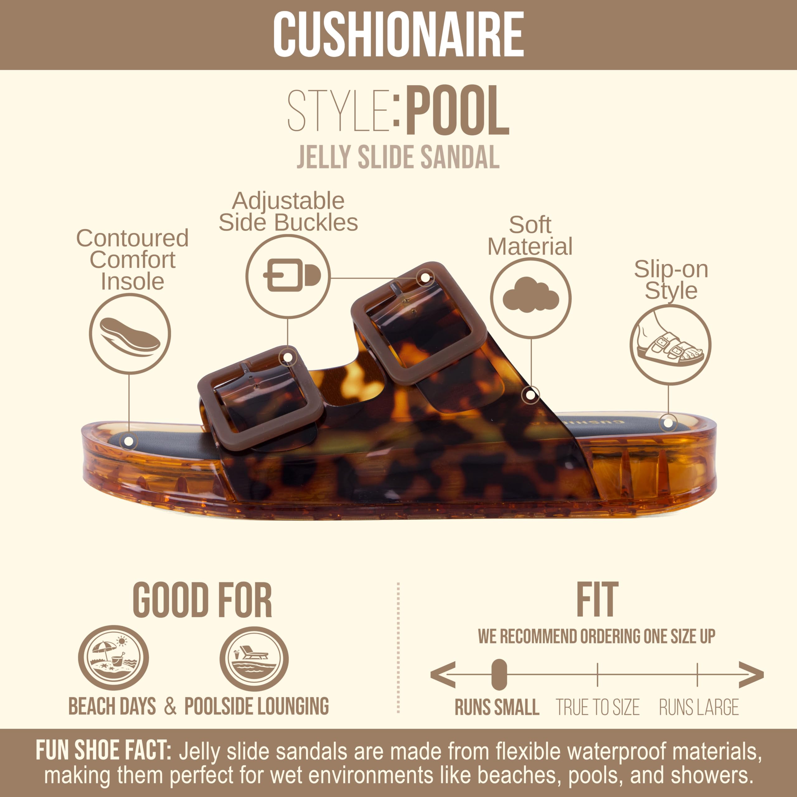 CUSHIONAIRE Pool Slides for Women Waterproof Double Buckle Adjustable Slip-On Womens Sandals for Beach Shower Casual Wear