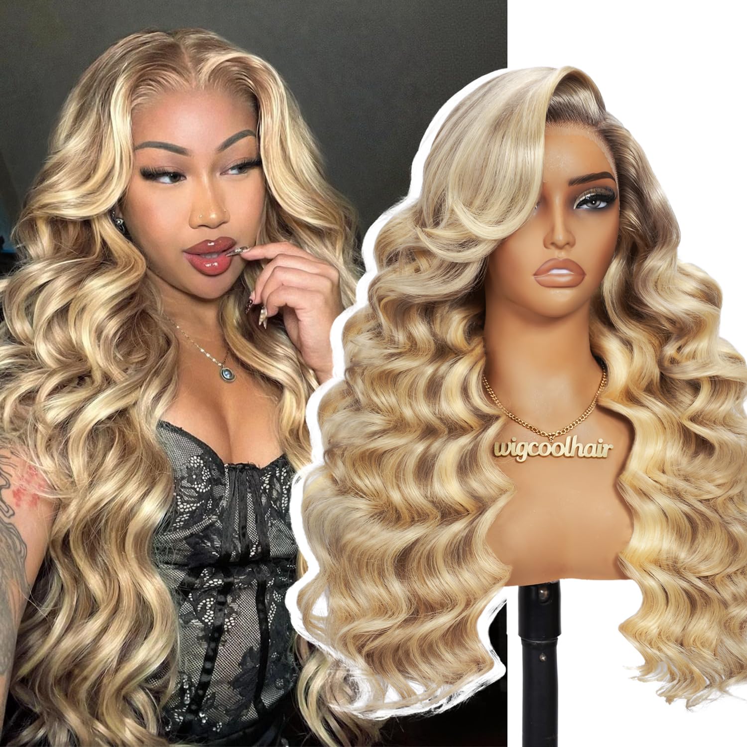 wigcool Hidden Strap Body Wave 360 613 Lace Front Wig Human Hair Glueless Wigs Human hair Pre Plucked Pre Bleached 180% Density Blonde Wig With Drawstring HD Full Lace Human Hair Wigs 20Inch