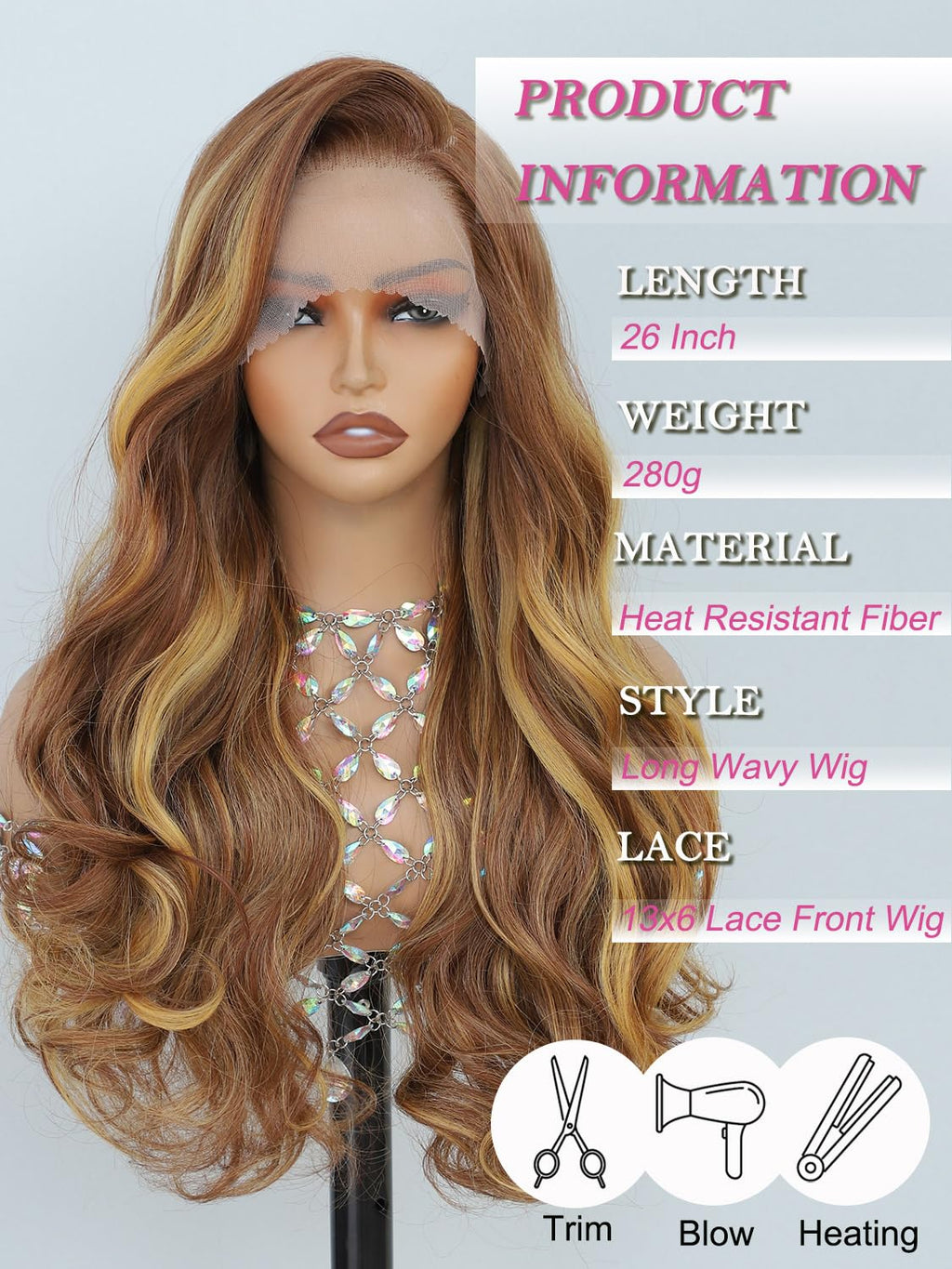 Synthetic Lace Front Wig, Honey Blonde Wig 13x6 Hd Lace Pre-Plucked Long Straight Highlights Glueless Wigs for Black Women 26 Inch Suitable for Everyday Wear