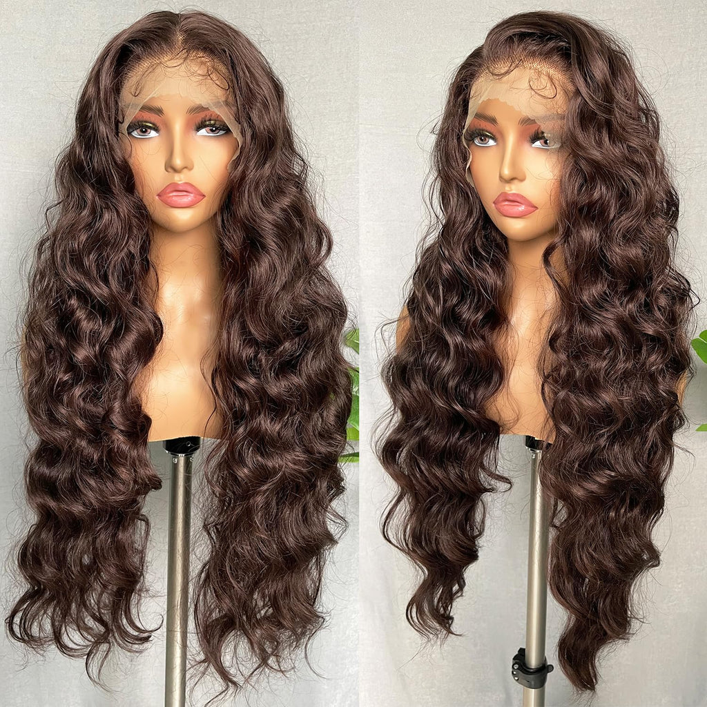 SOKU 13x6 Lace Frontal Water Wave Wigs with Baby Hair Natural Black 34 Inch Long Synthetic Hair Pre-plucked Free Part Transparent Swiss Lace Front Wavy Wigs for Women