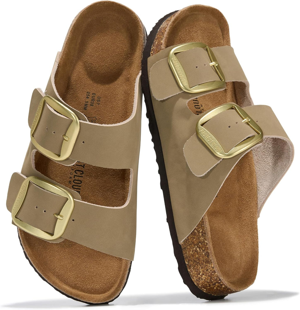 Project Cloud 100% Genuine Leather Flat Sandals for Women 2026 Comfortable Beach Essentials Womens Sandals Memory Foam Vacation Essentials Slides for Women Footwear (Santorini)