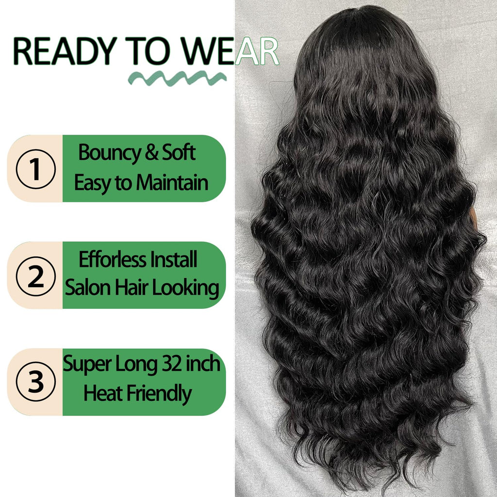 SOKU 13x6 Lace Frontal Water Wave Wigs with Baby Hair Natural Black 34 Inch Long Synthetic Hair Pre-plucked Free Part Transparent Swiss Lace Front Wavy Wigs for Women