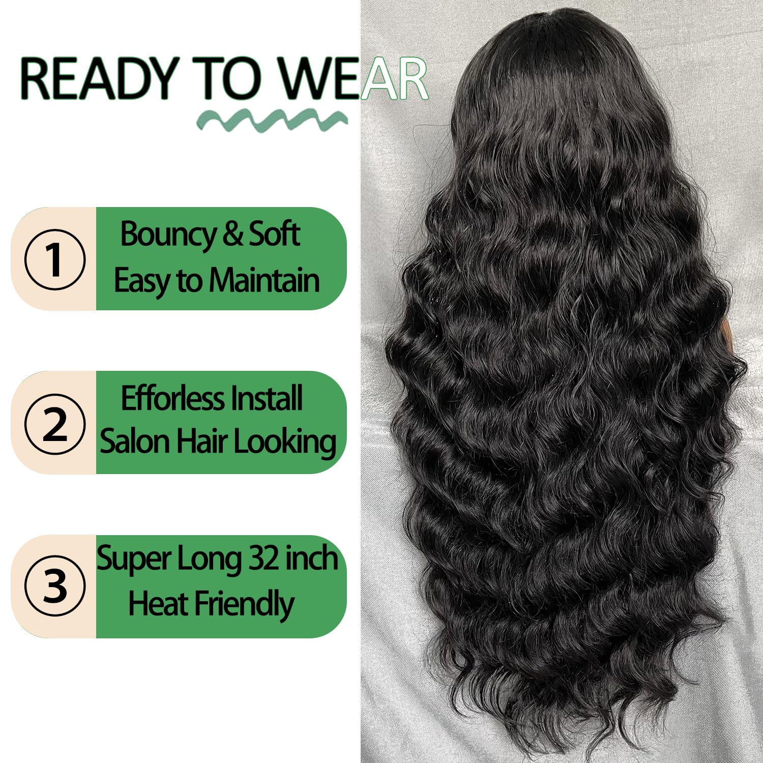 SOKU 13x6 Lace Frontal Water Wave Wigs with Baby Hair Natural Black 34 Inch Long Synthetic Hair Pre-plucked Free Part Transparent Swiss Lace Front Wavy Wigs for Women