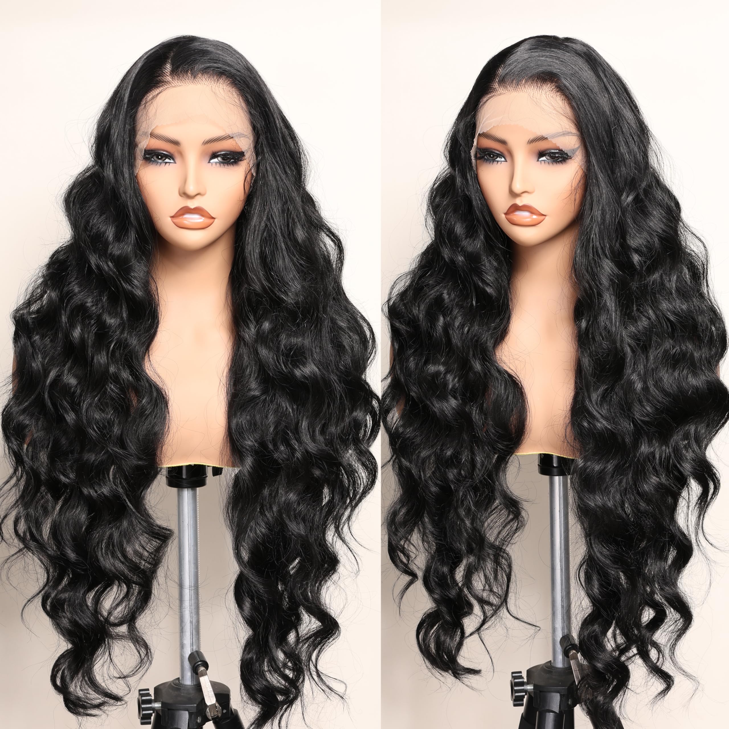 SOKU 13x6 Lace Frontal Water Wave Wigs with Baby Hair Natural Black 34 Inch Long Synthetic Hair Pre-plucked Free Part Transparent Swiss Lace Front Wavy Wigs for Women